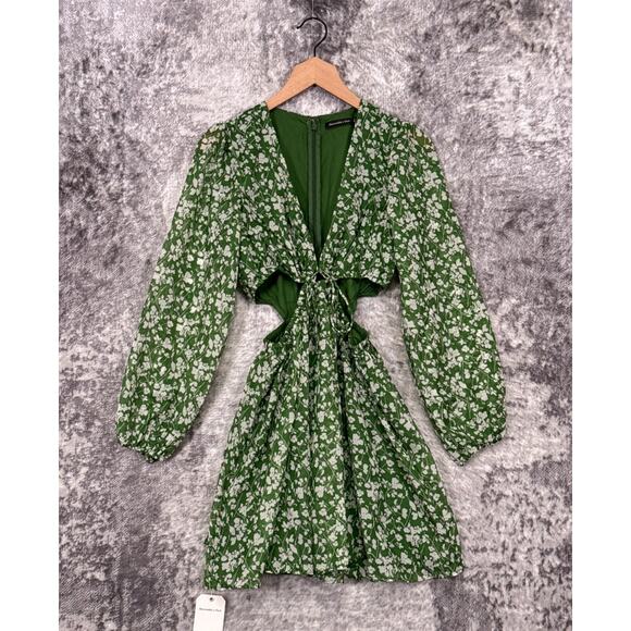New Abercrombie & Fitch Dress Small Womens Green Floral Waist Cutout Mini - Picture 1 of 8